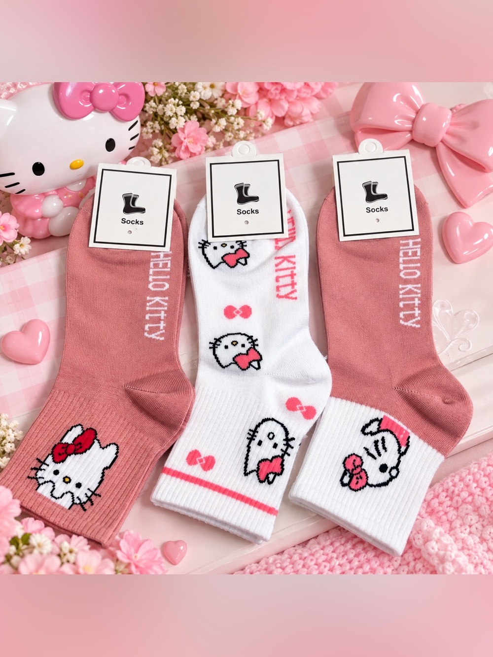 Hello Kitty Socks 3-Pack NWT Pink & White Cute Sanrio Ankle Socks